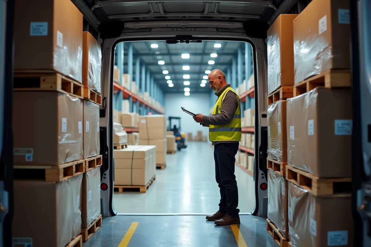 Vue intérieure de la soute d'un fourgon Hauteur Trafic 2 avec portes battantes ouvertes sur entrepôt logistique