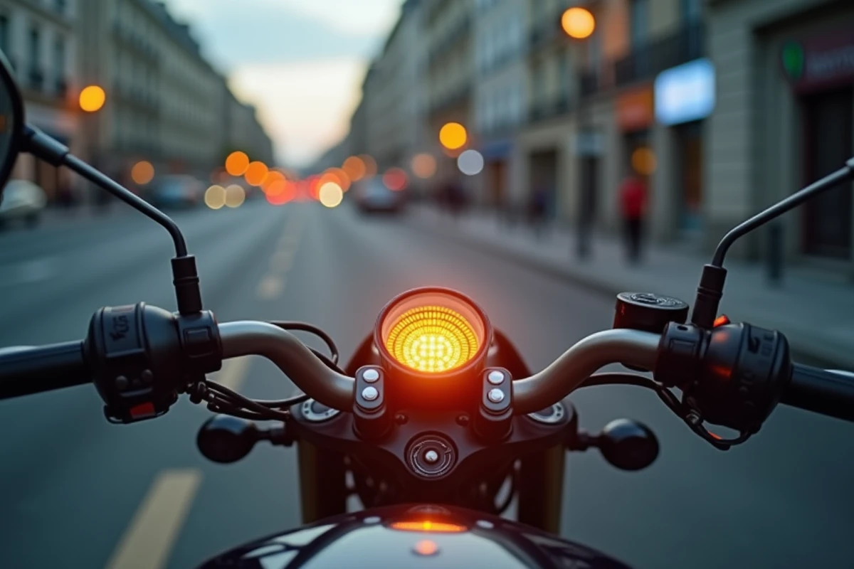 Vue subjective depuis une moto face à un feu de signalisation orange, représentant la décision du motard au moment du passage au feu orange